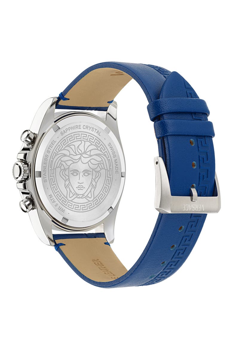 Greca Chronograph Leather Strap Watch, 43mm, Alternate, color, BLUE/ STAINLESS STEEL
