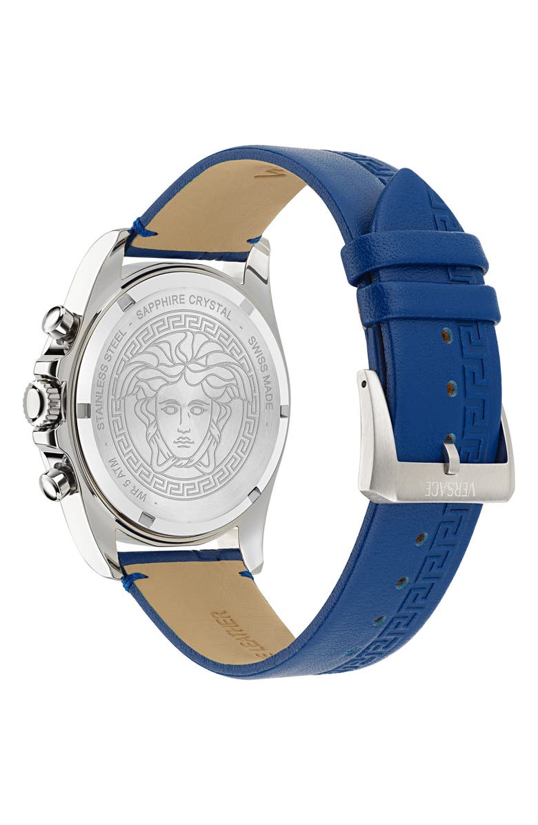 Versace Greca Chronograph Leather Strap Watch, 43mm, Alternate, color, Blue/ Stainless Steel