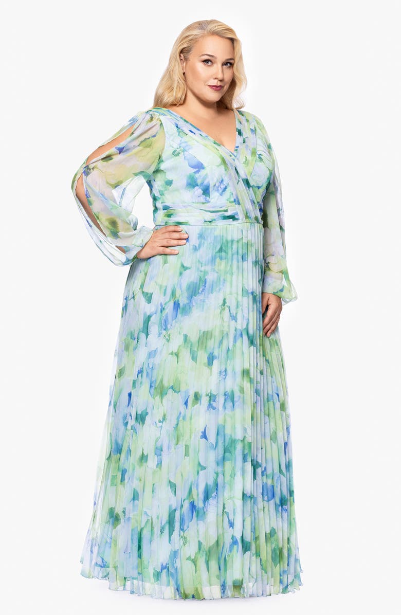 Betsy & Adam Floral Long Sleeve Pleated Gown, Alternate, color,