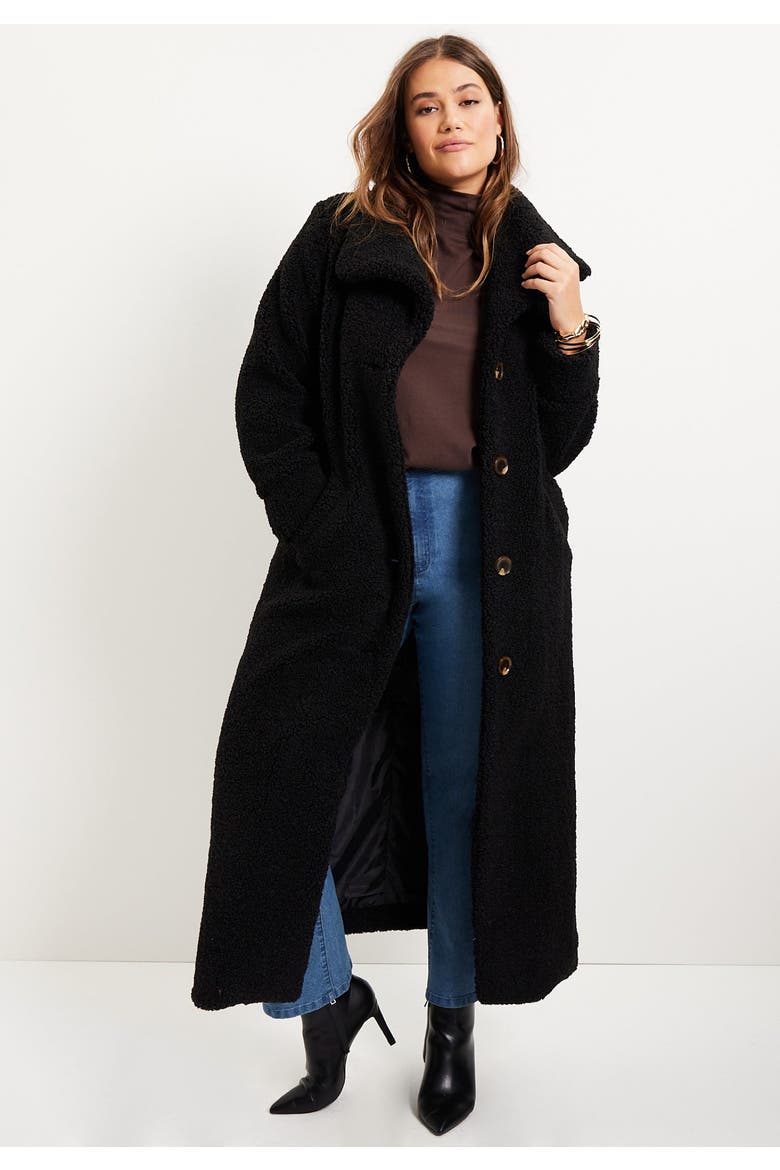 Maxi Teddy Fleece Coat, Alternate, color, BLACK