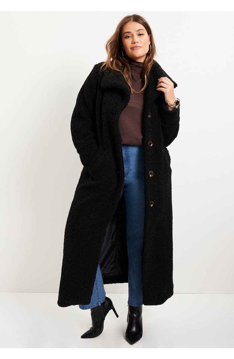 June + Vie Maxi Teddy Fleece Coat, Alternate, color, Black