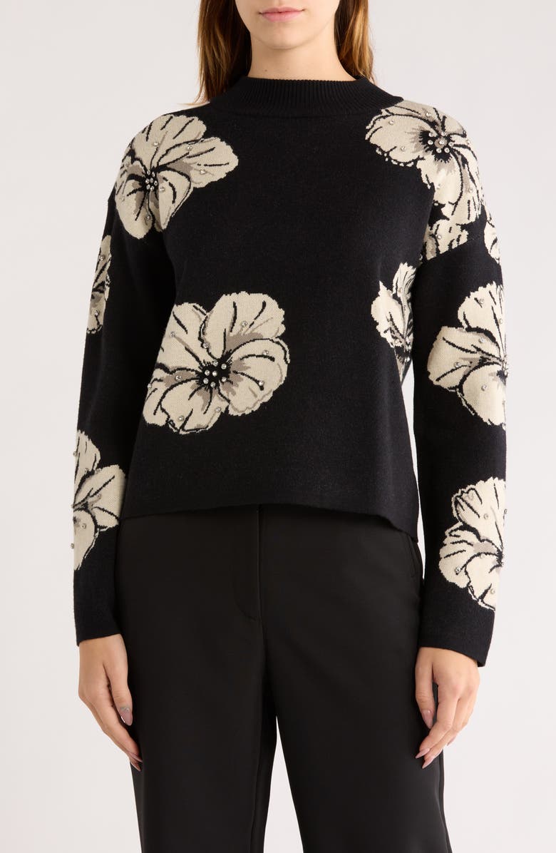 BY DESIGN Jadelyn Floral Mock Neck Sweater, Main, color, Black/ Tapioca