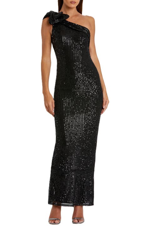 Sequined Bow One Shoulder Column Gown
