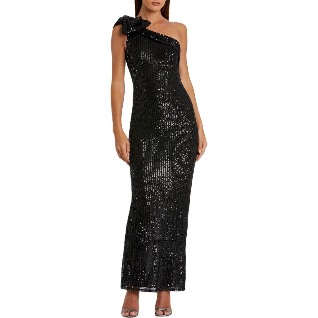 Mac Duggal Bow Sequin One-shoulder Column Gown In Black