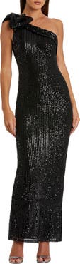Mac Duggal Sequined Bow One Shoulder Column Gown