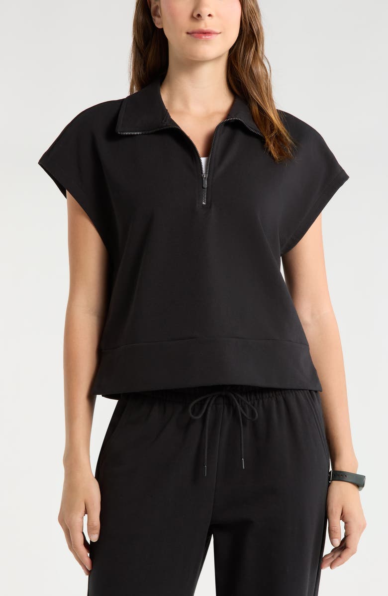 Zella Tempo Terry Half Zip Short Sleeve Sweatshirt, Main, color, Black