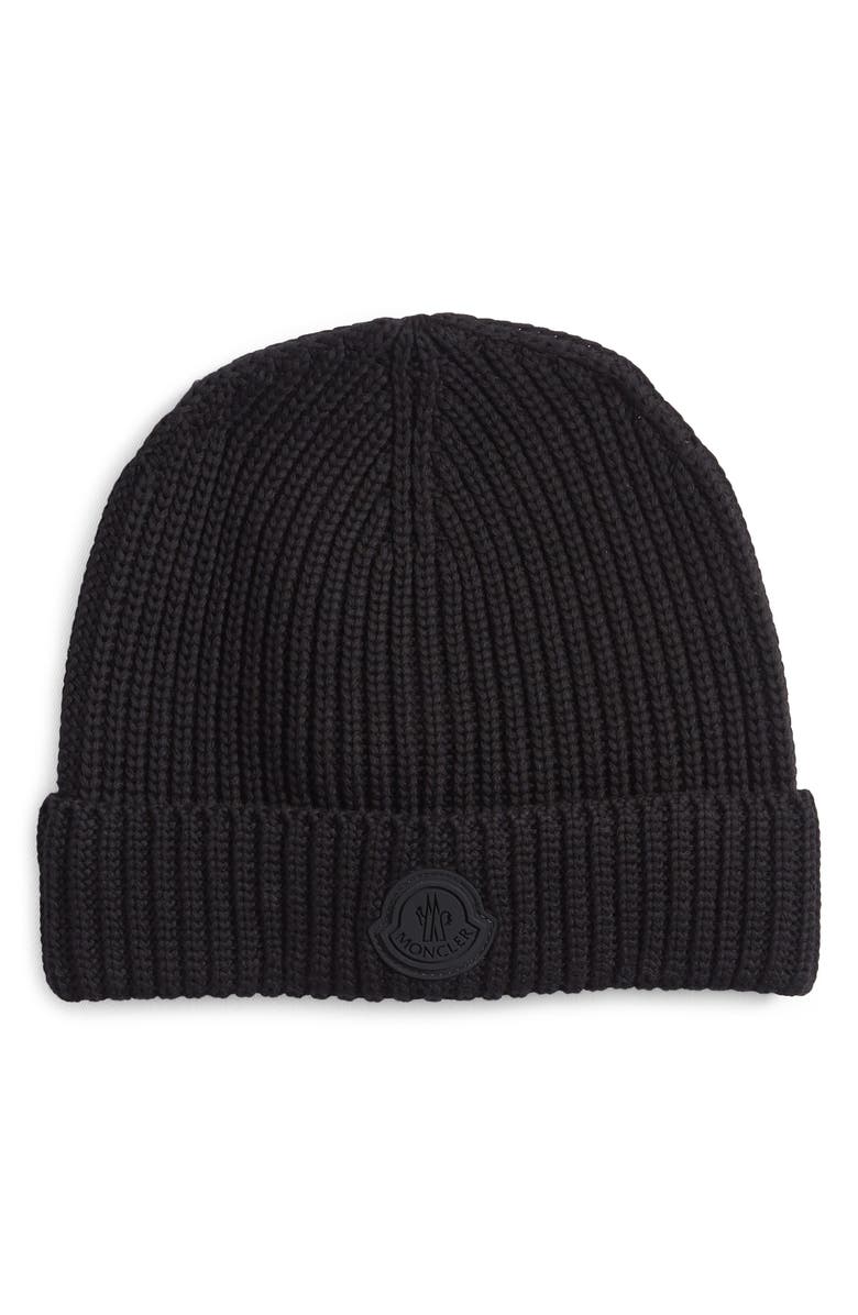 Moncler Logo Cotton Rib Beanie, Main, color, Black