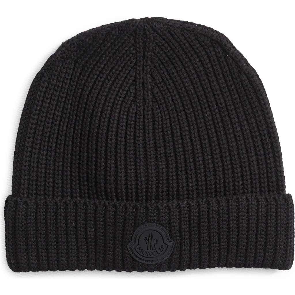 Shop Moncler Logo Cotton Rib Beanie In Black
