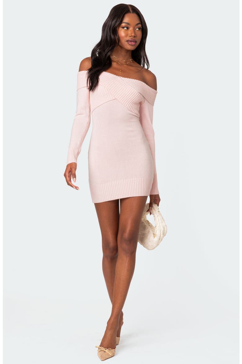 Crossover Long Sleeve Off the Shoulder Sweater Minidress, Alternate, color, LIGHT-PINK