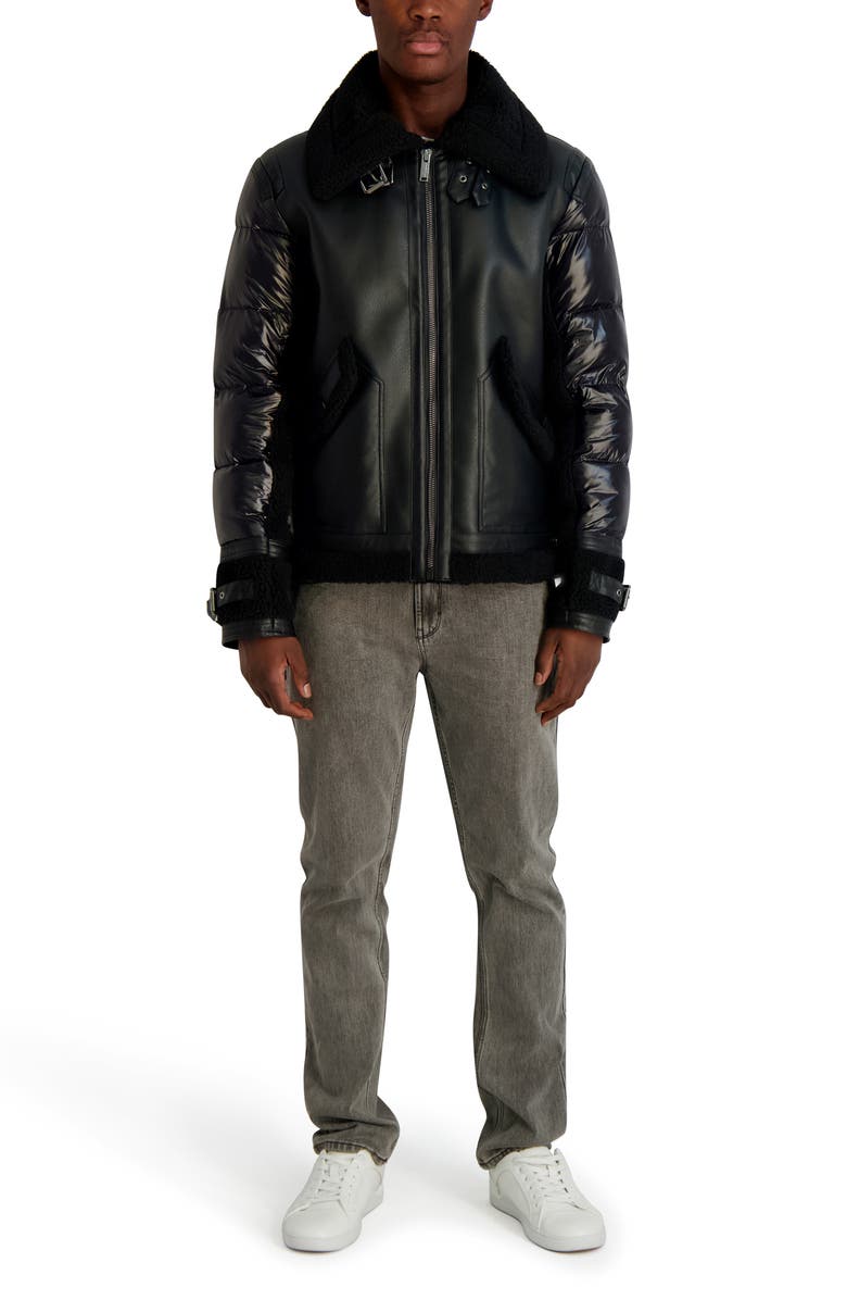 KARL LAGERFELD Mixed Media Bomber With Faux Fur Trim, Alternate, color, Black