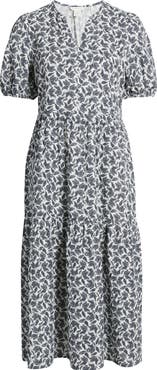 Caslon® Puff Sleeve Tiered Cotton Gauze Midi Dress