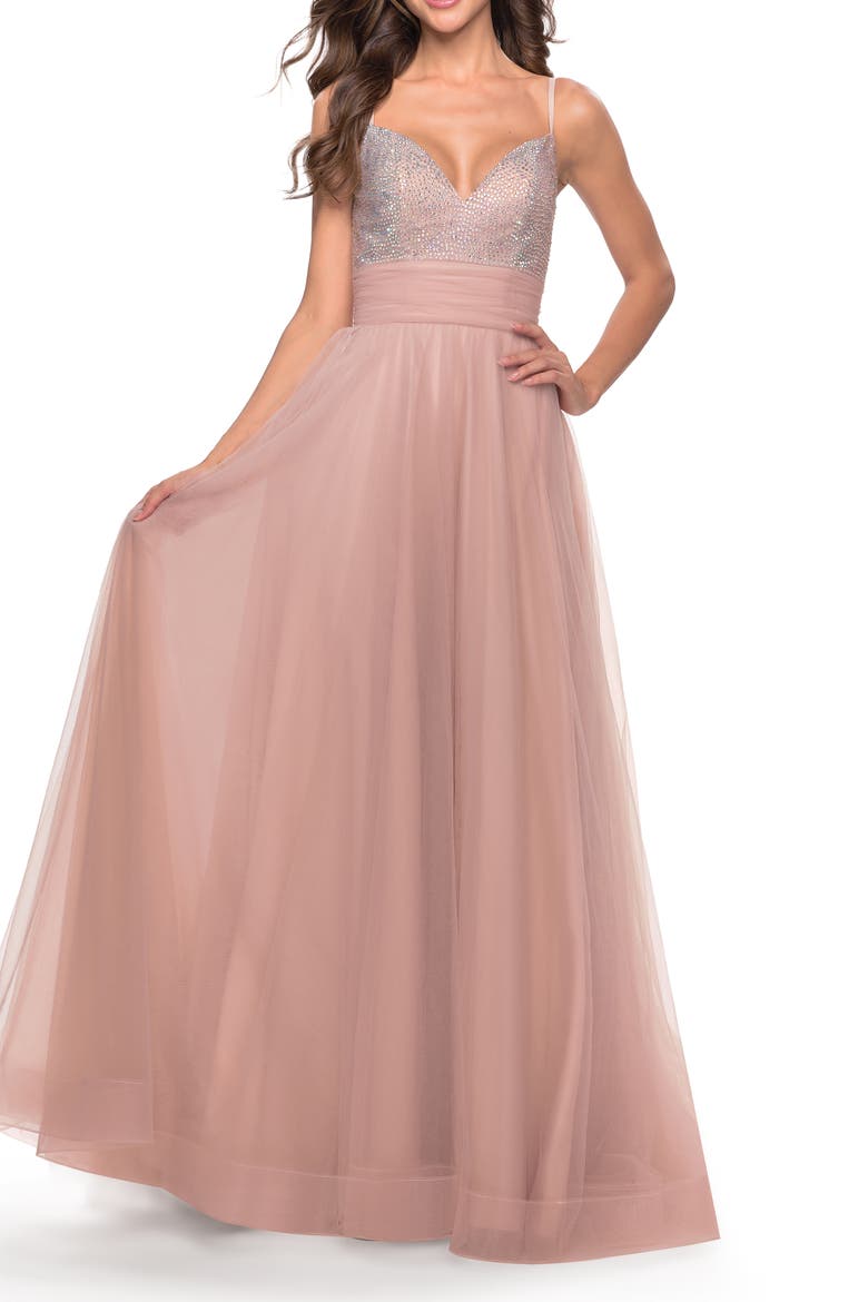 Tulle Gown with Full Skirt and Rhinestone Bodice, Main, color, Dusty Mauve
