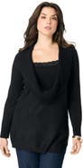 Roaman's Plus Size Lightweight Cowl Neck Sweater With Lace Trim
