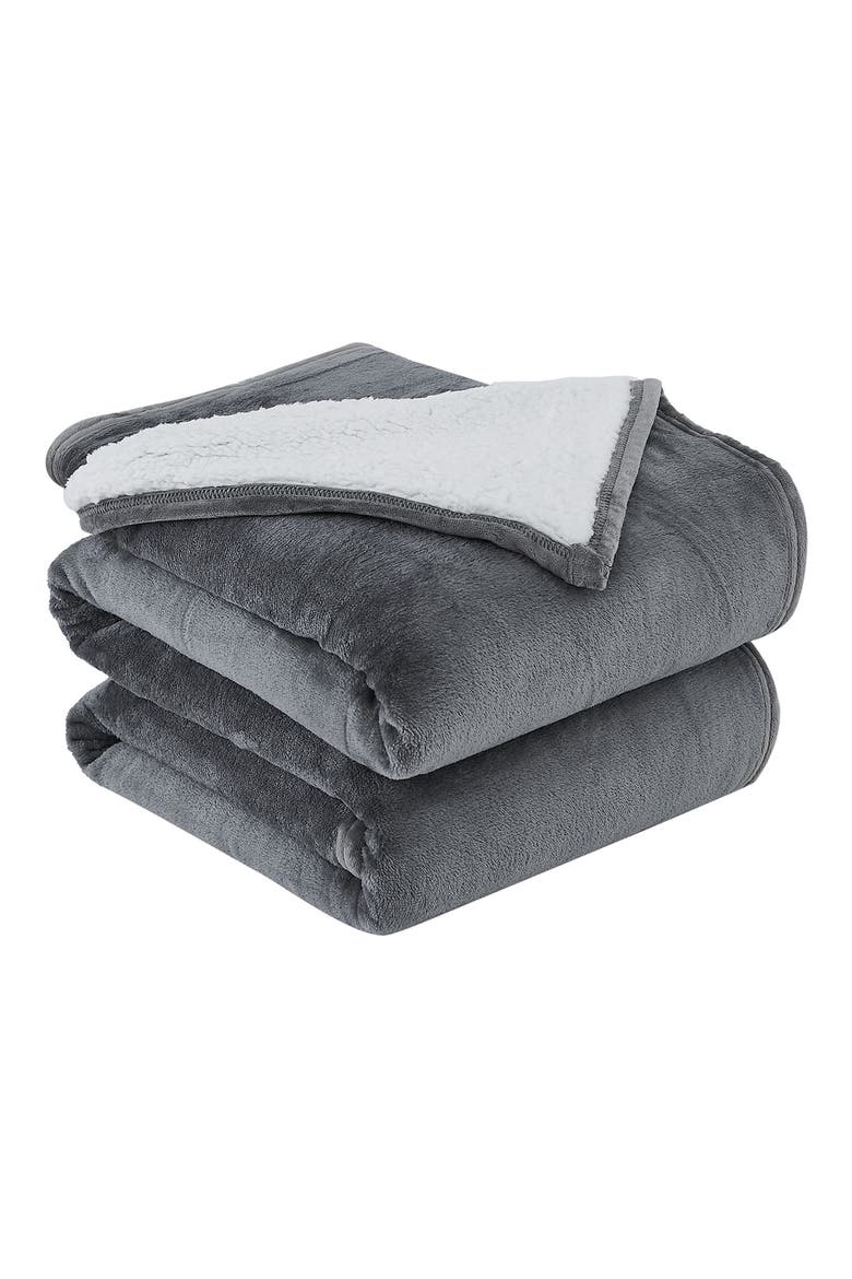 Microfleece Faux Shearling Lined Reversible Throw Blanket - 50" x 70", Main, color, SLATE