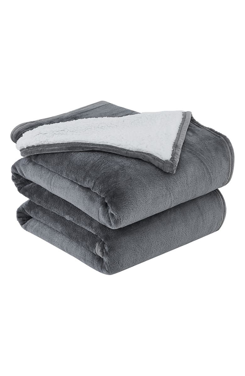 SOUTHSHORE FINE LINENS Microfleece Faux Shearling Lined Reversible Throw Blanket - 50" x 70", Main, color, Slate