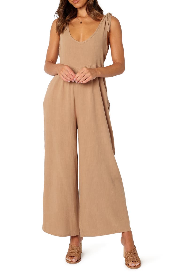 Ayla Tie Shoulder Wide Leg Linen Jumpsuit, Main, color, MOCHA