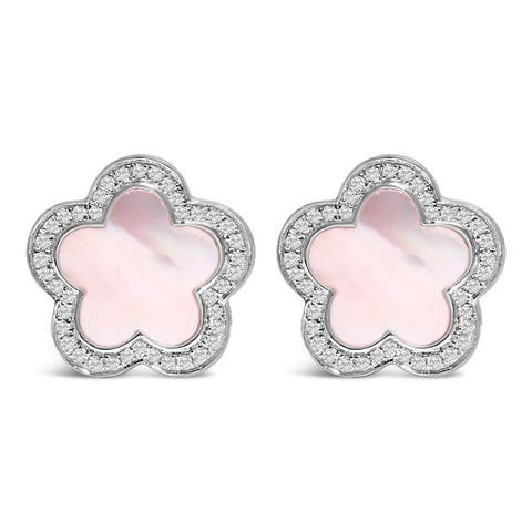 14K White Gold Mother of Pearl and 1/5 Cttw Diamond Halo Star Stud Earrings