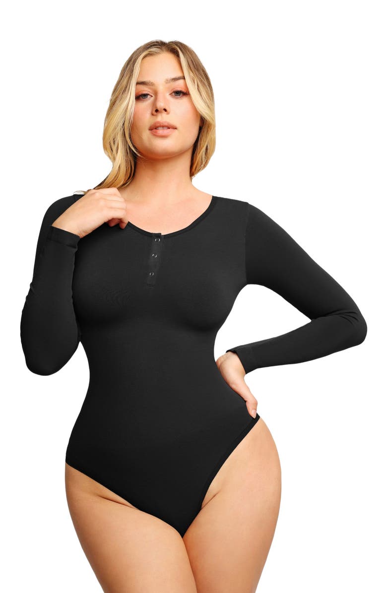 Popilush Shapewear Seamless Modal Long Sleeve Henley Bodysuit, Main, color, Jet Black