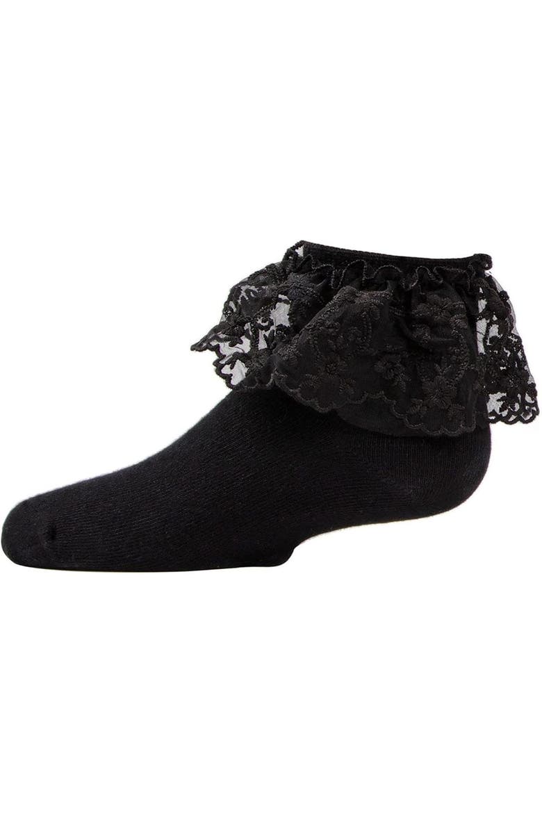Kid's Petite Floral Lace Anklet Socks, Main, color, Black