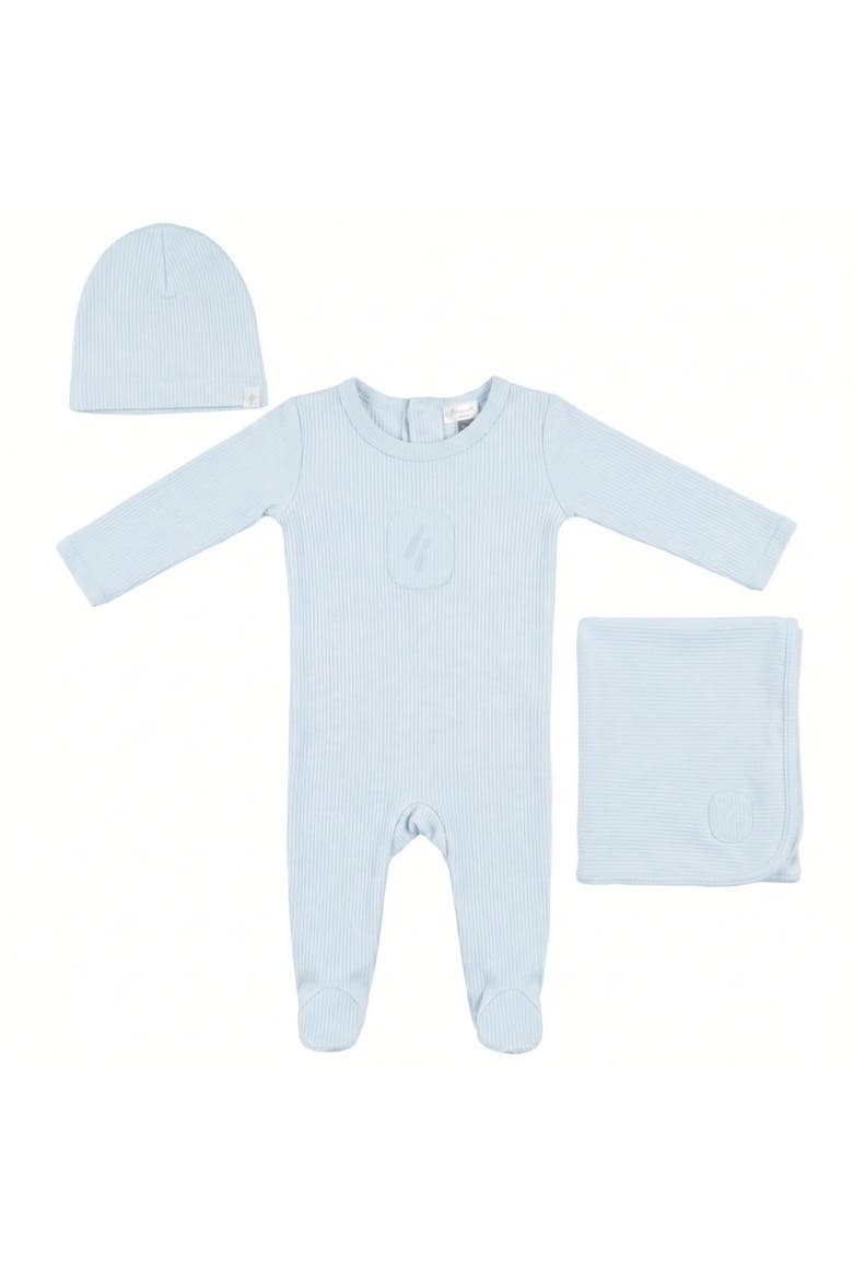 Soft Modal Rib Scalloped Binding Embossed Romper, Hat And Blanket Set, Main, color, Misty Blue