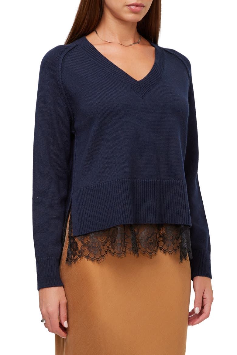 Camila Lace Layered V-Neck Sweater, Alternate, color, NAVY