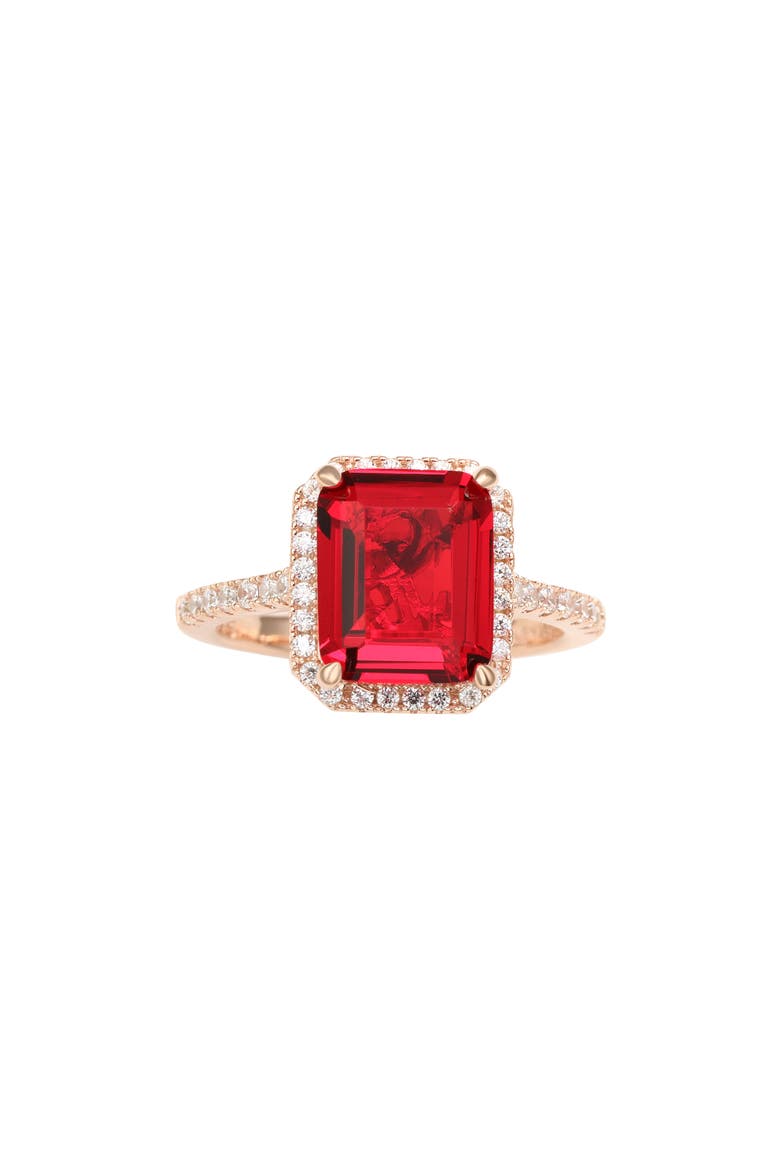 14K Rose Gold Plated Sterling Silver Red & White Cubic Zirconia Halo Bridal Ring, Alternate, color, RED