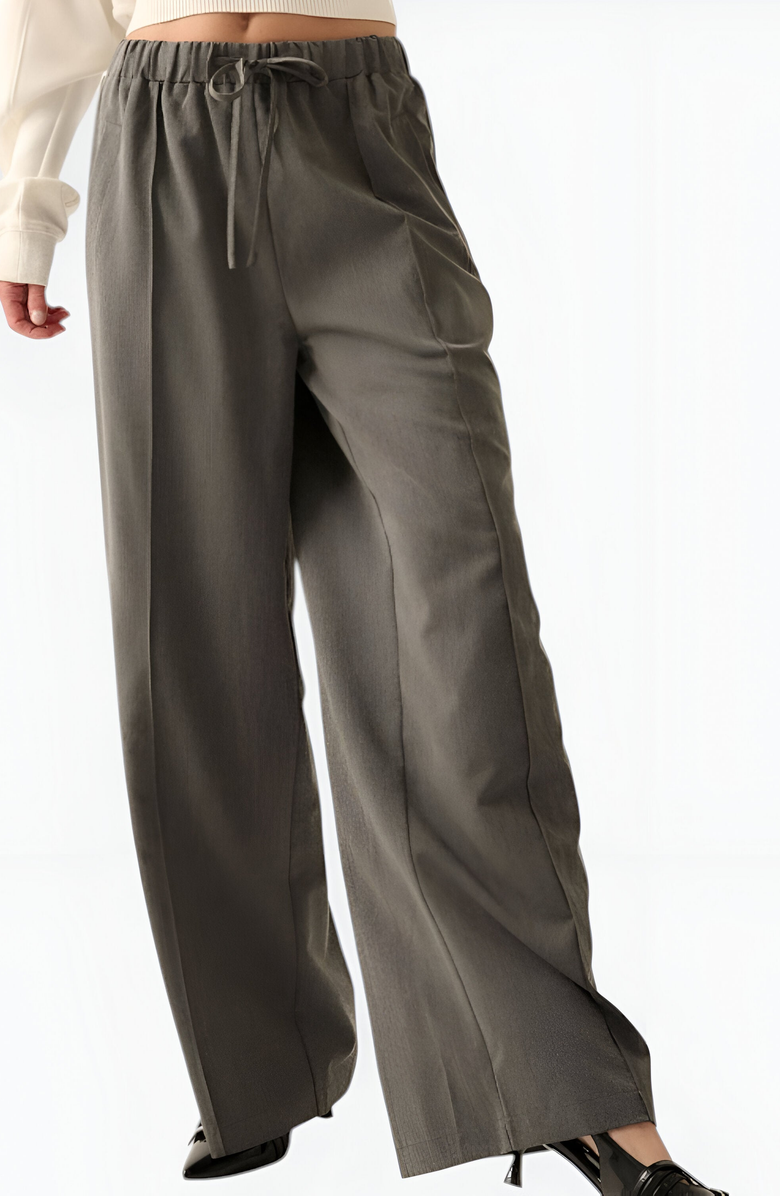 Modenaire Wide-Leg Front-Seam Elastic Drawstring Waist Trousers, Alternate, color, Gray