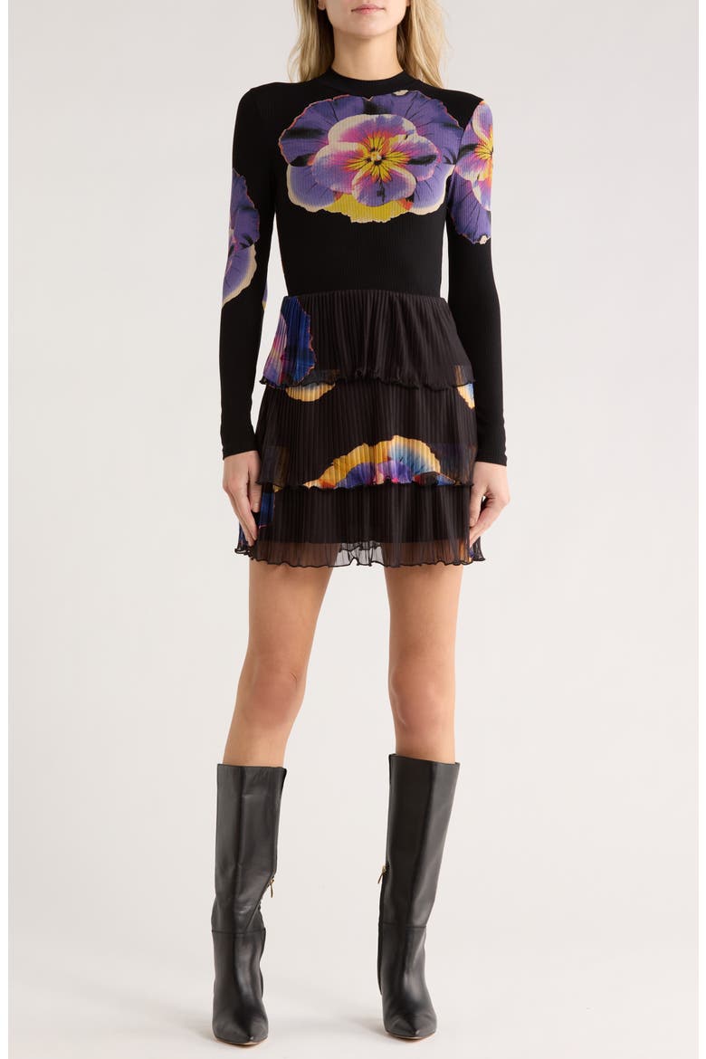 Mixed Media Long Sleeve Dress, Main, color, BLACK