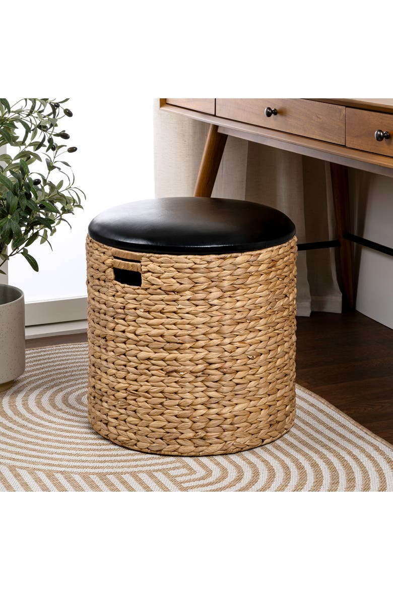 Josie 18" Modern Coastal Hand-Woven Hyacinth Storage Ottoman with Lid, Alternate, color, Natural/Black