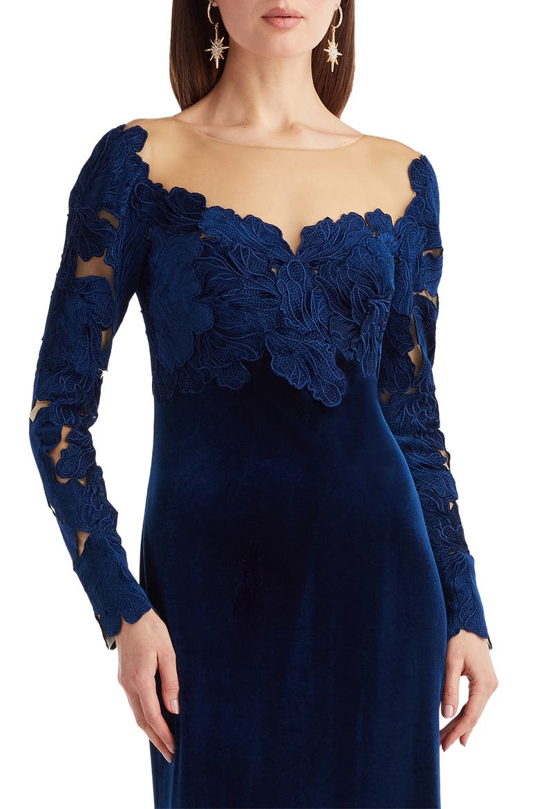 Appliqué Illusion Stretch Velvet Mermaid Gown, Alternate, color, NAVY