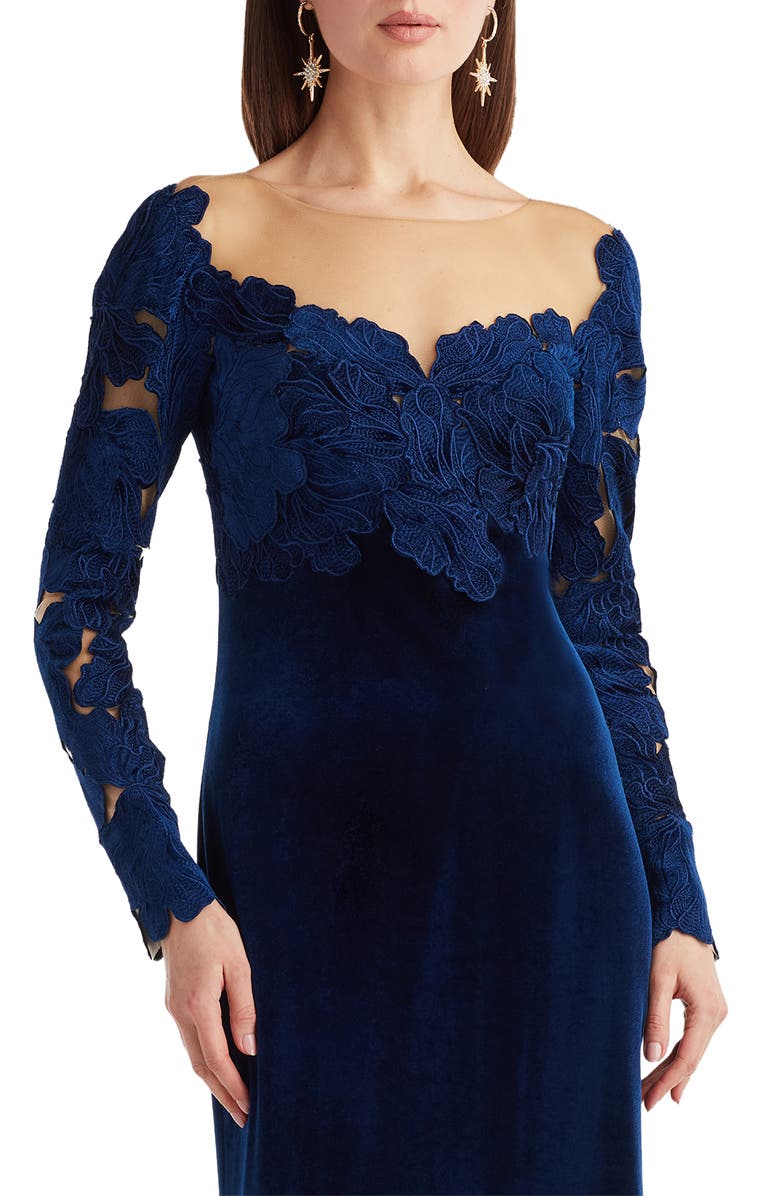 Tadashi Shoji Appliqué Illusion Stretch Velvet Mermaid Gown, Alternate, color, Navy