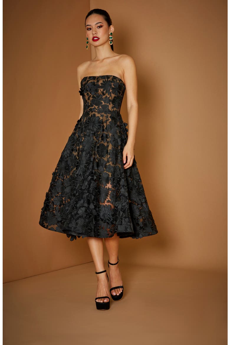 Florence Floral Appliqué Strapless Midi Dress, Alternate, color, BLACK