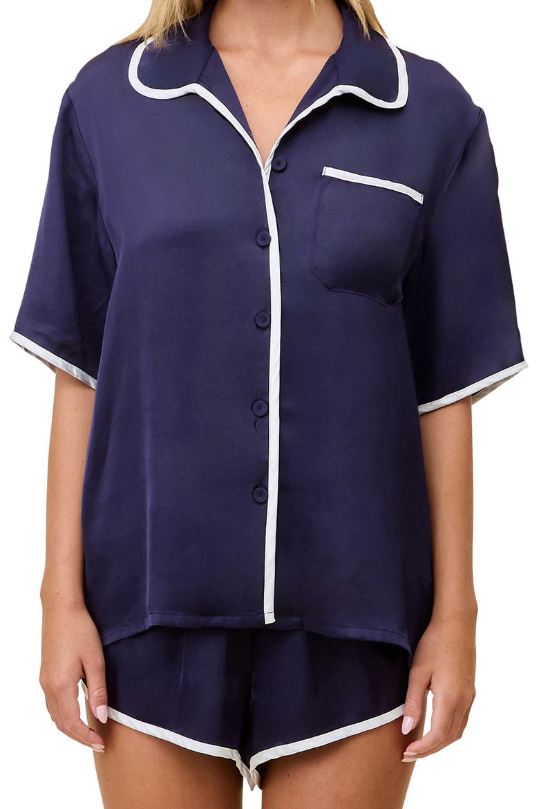 Annabelle Piped Satin Pajamas, Alternate, color, NAVY