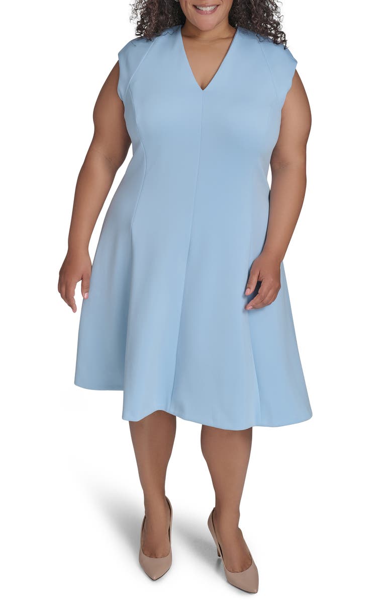 Calvin Klein Cap Sleeve Scuba Knit Fit & Flare Dress, Alternate, color, Light Bayou