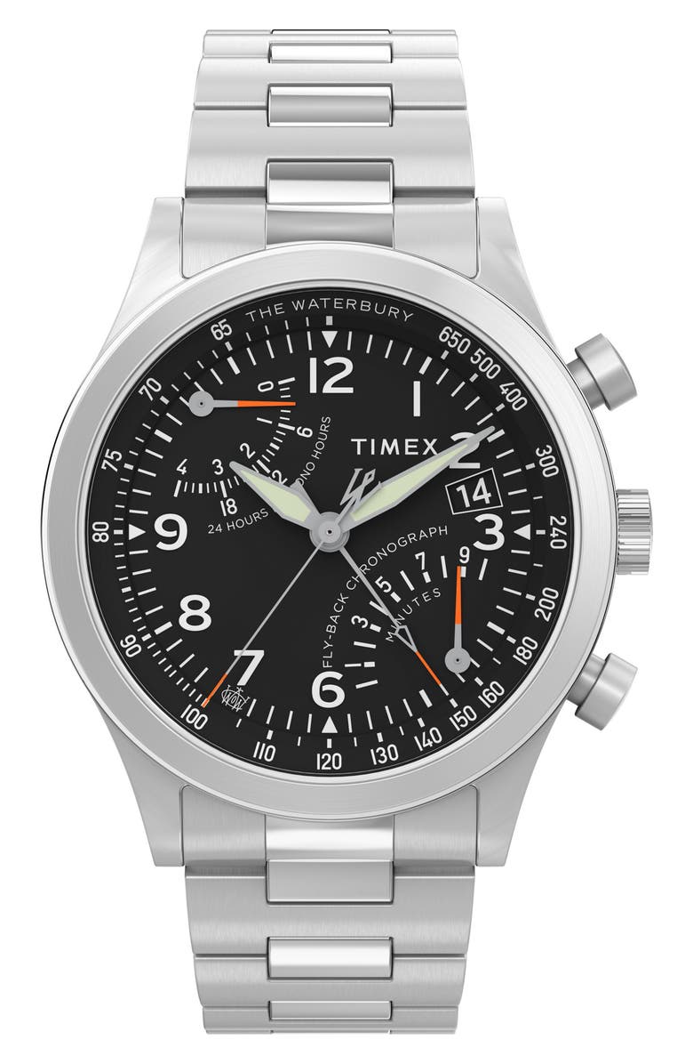Timex<sup>®</sup> Waterbury Traditional Fly Back Chronograph Bracelet Watch, 43mm, Main, color, Stainless Steel