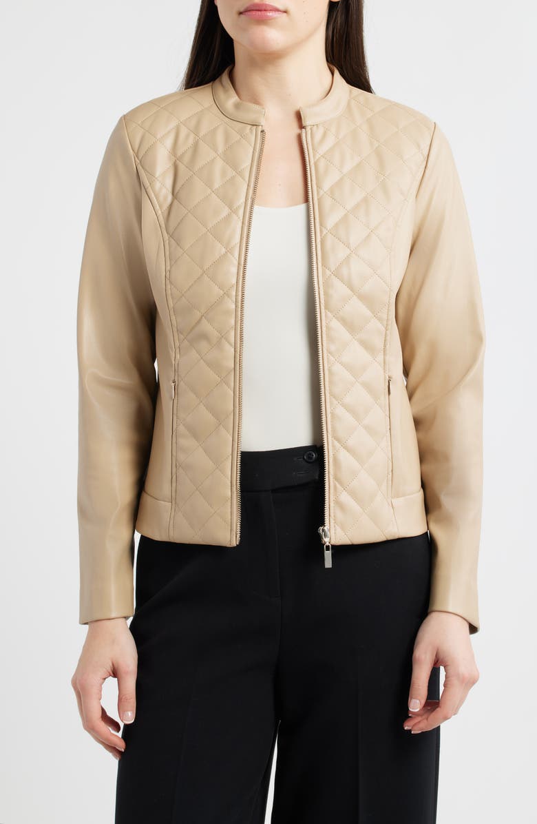 AK ANNE KLEIN Quilted Faux Leather Moto Jacket, Main, color, Latte