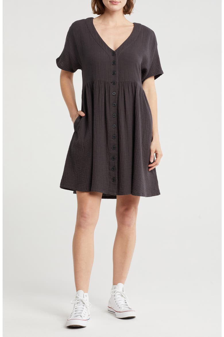 Lightspun Button Front Minidress, Main, color, BLACK COAL