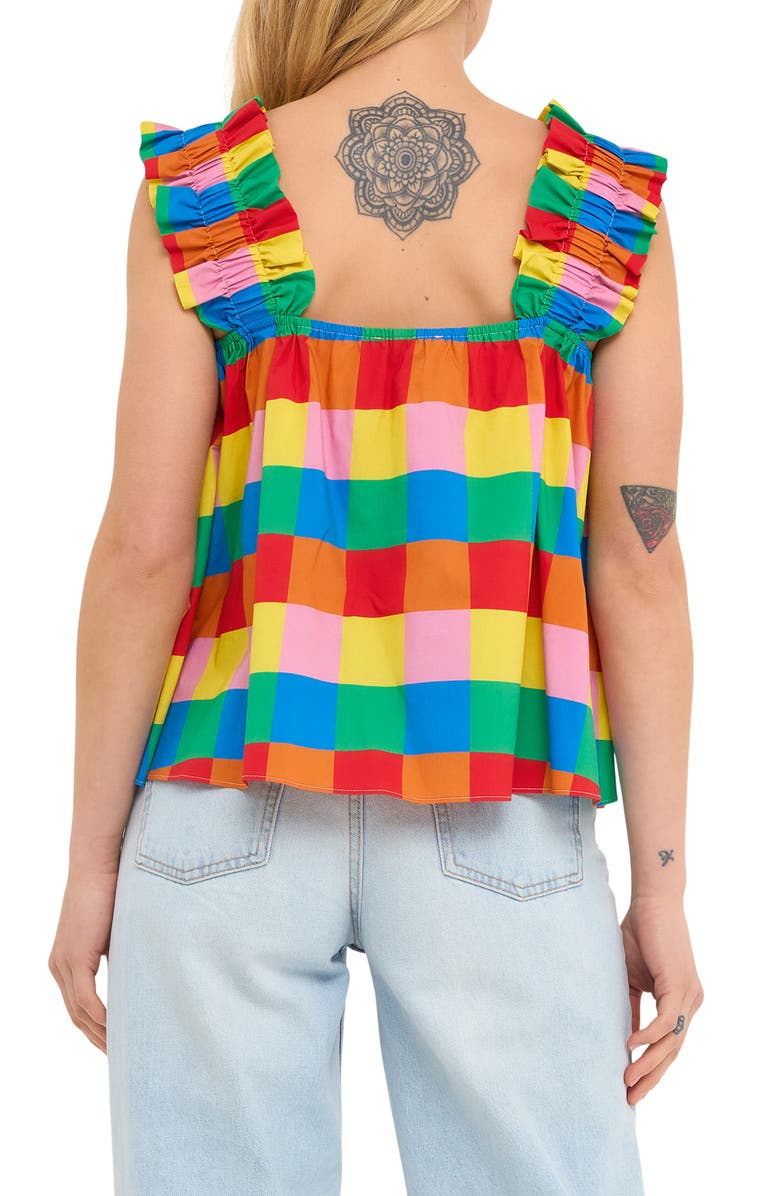 English Factory Rainbow Check Ruffle Strap Cotton Tank, Alternate, color, Multi