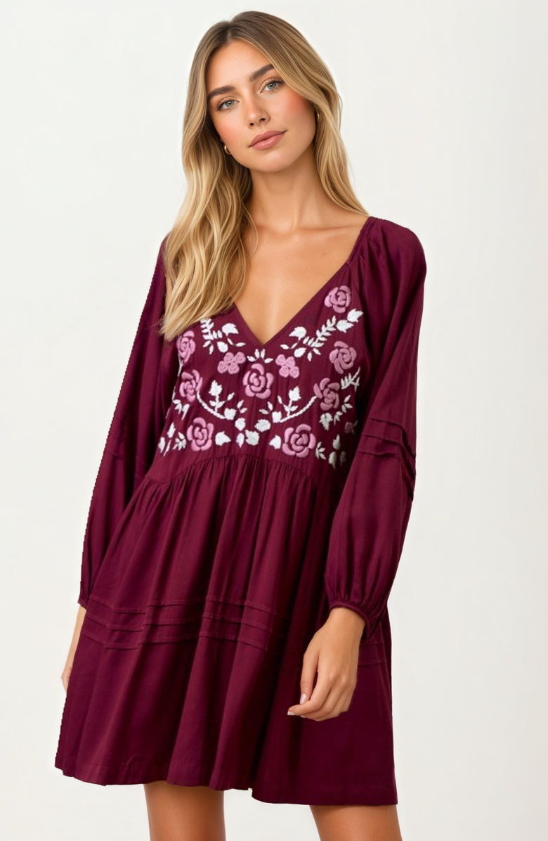 Knit and Lounge Embroidered Plum V-Neck Mini Dress, Alternate, color,