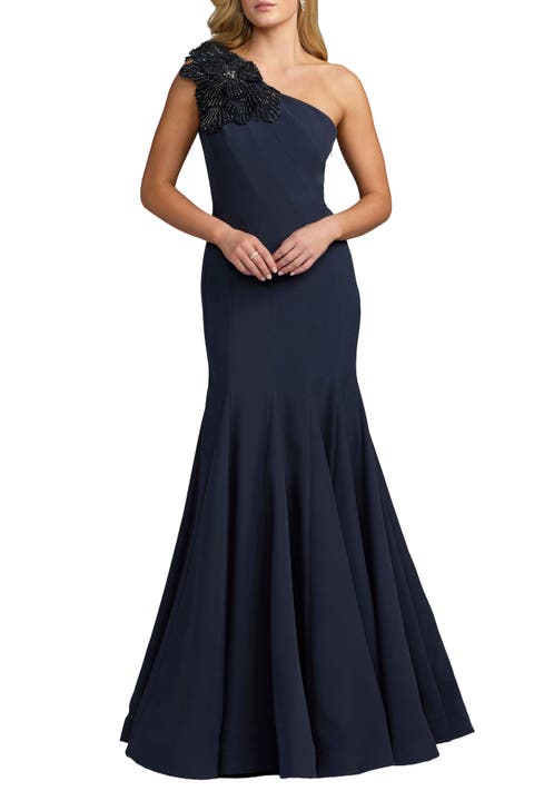 Petite Crepe One Shoulder Gown With Flower Detail