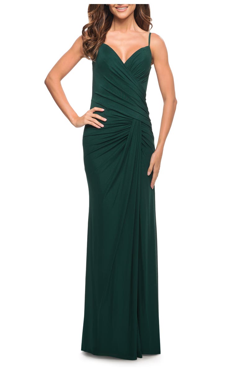 La Femme Net Jersey Long Ruched Gown with Slit and Open Back, Alternate, color, Emerald