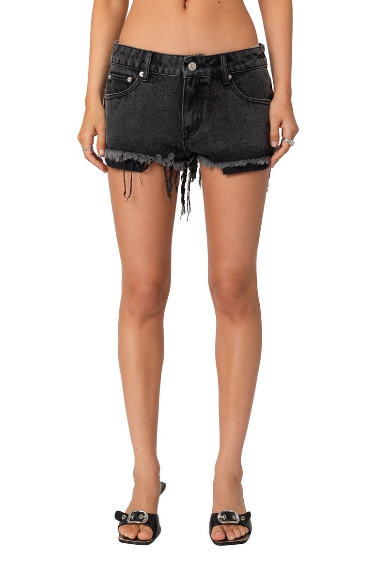 Low Rise Distressed Denim Cutoff Shorts, Main, color, BLACK