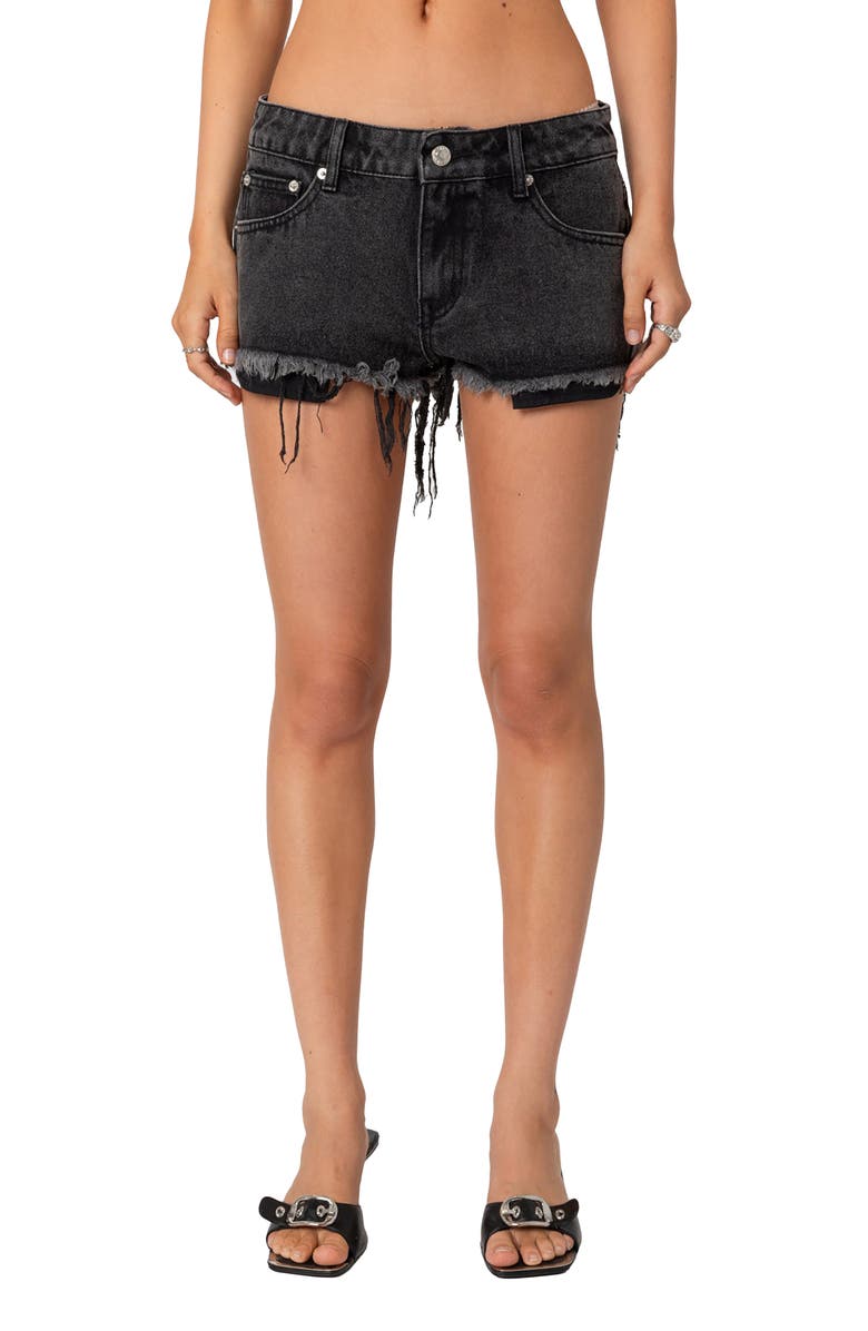 EDIKTED Low Rise Distressed Denim Cutoff Shorts, Main, color, Black