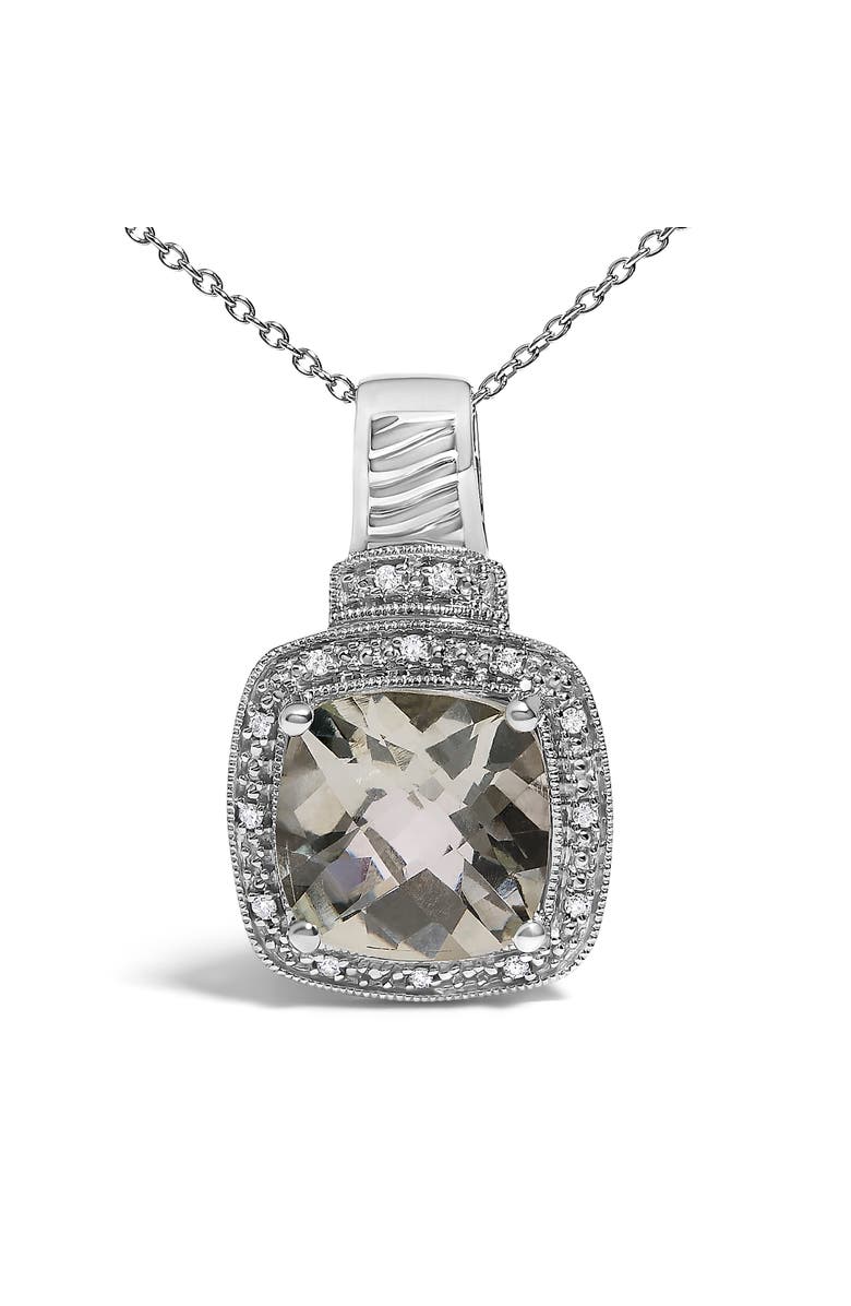 Haus of Brilliance Sterling Silver Cushion Gray Green Amethyst and Diamond Accent Halo Pendant Necklace, Alternate, color, Silver