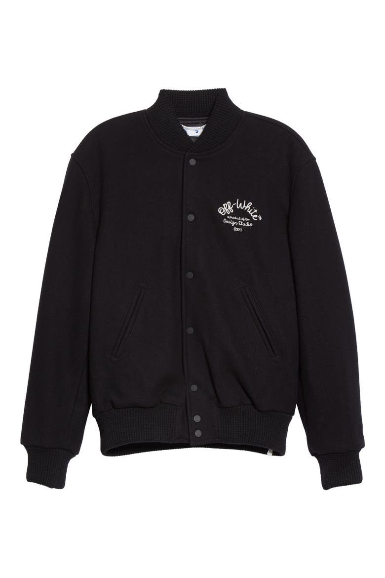 Logo Arrow Wool Blend Varsity Jacket, Alternate, color, BLACK WHITE