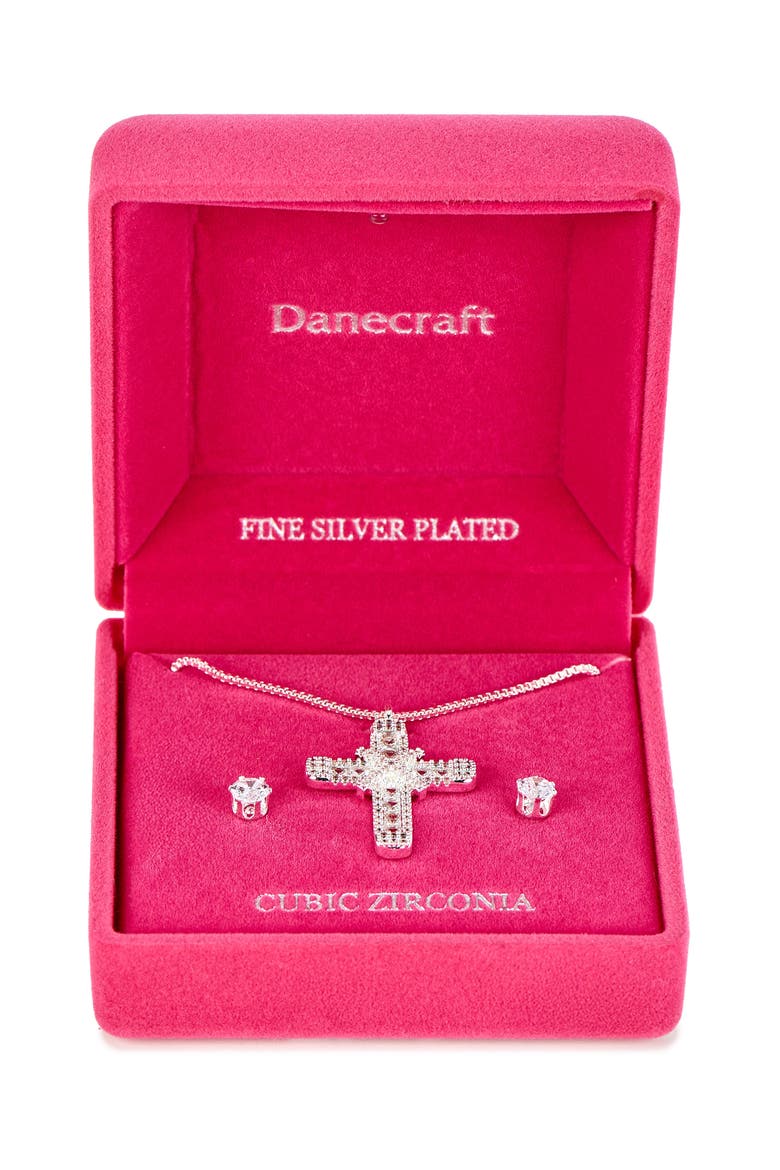 Cross Pendant Necklace & Cubic Zirconia Stud Earrings Set, Main, color, METALLIC SILVER