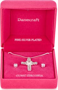 Danecraft Cross Pendant Necklace & Cubic Zirconia Stud Earrings Set