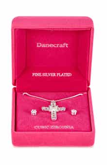Danecraft Cross Pendant Necklace & Cubic Zirconia Stud Earrings Set