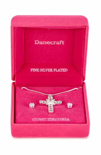 Danecraft Cross Pendant Necklace & Cubic Zirconia Stud Earrings Set