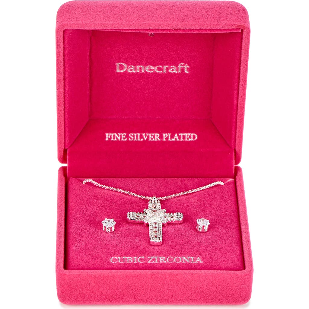 Danecraft Cross Pendant Necklace & Cubic Zirconia Stud Earrings Set In Silver